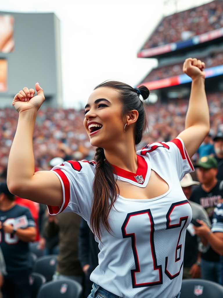 Attractive female NFL fan, pigtail hair, jersey, large breasts, reacting to a victory, crowded stadium bleachers