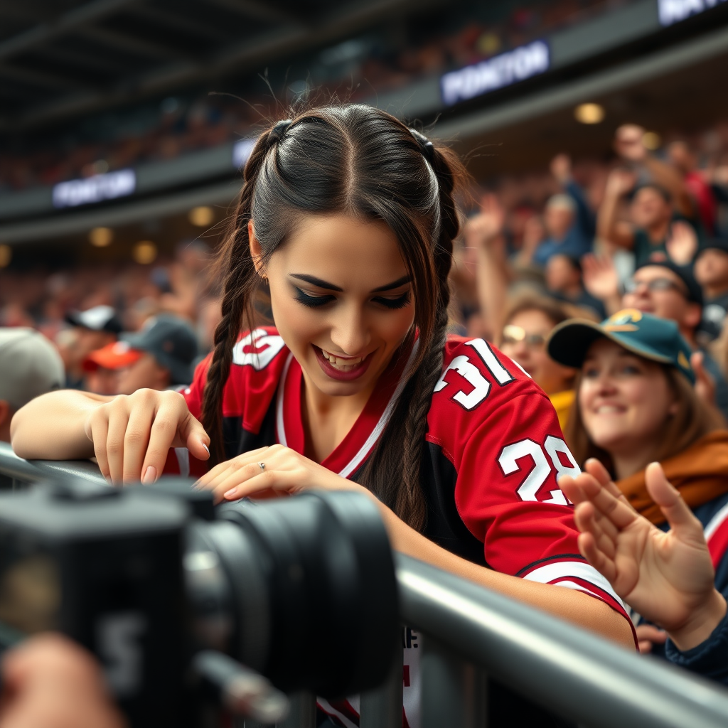 Attractive female NFL fan, pigtail hair, jersey, leaning forward over barrier, looking down to tv camera, cheering at it, inside front row crowd, TV camera perspective