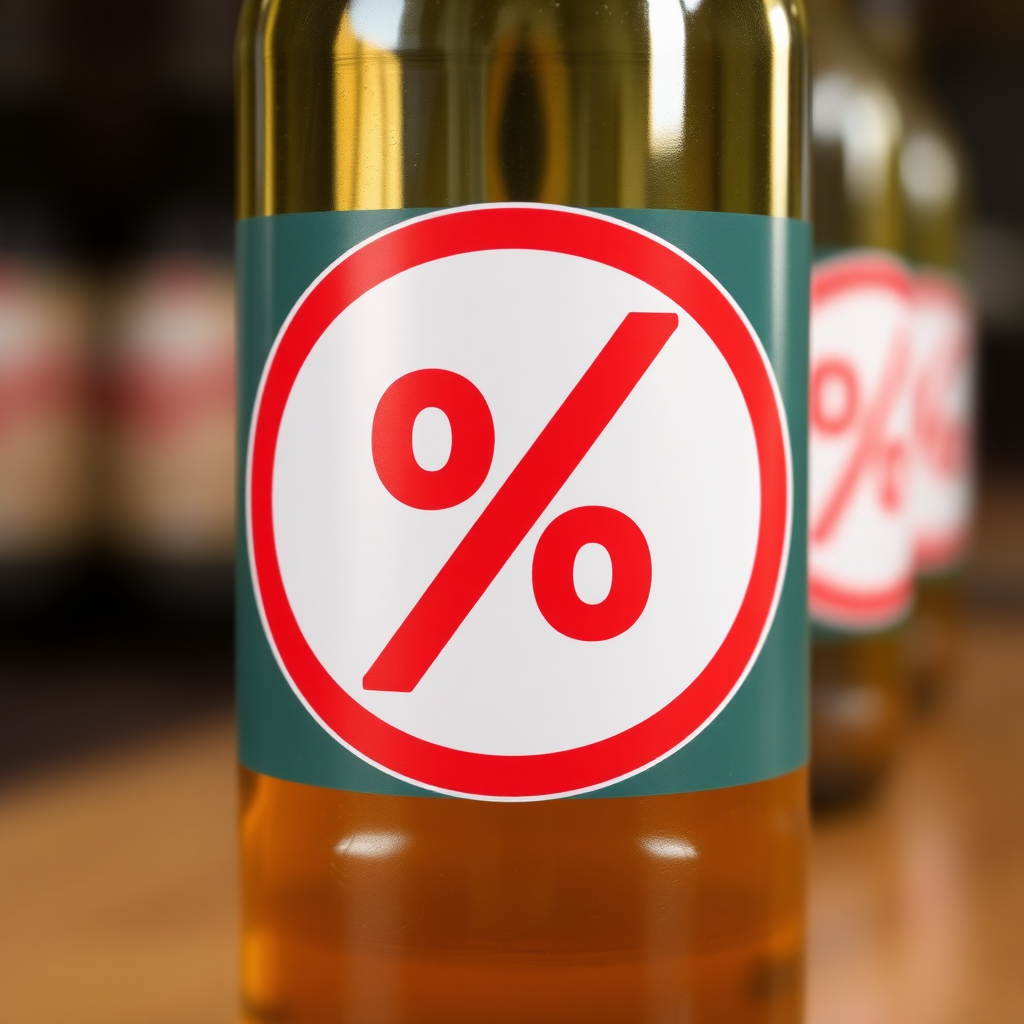 A photo of a beer bottle with a sticker of percent symbol crossed in a red circle, photorealistic