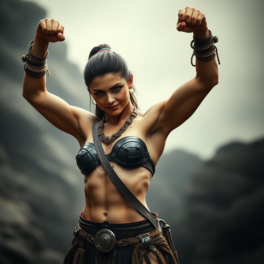 a legendary warrior flexing her lithe Amazonian figure. Arms up. She's slender, more feminine and still strong looking. Insanely detailed DSLR photograph