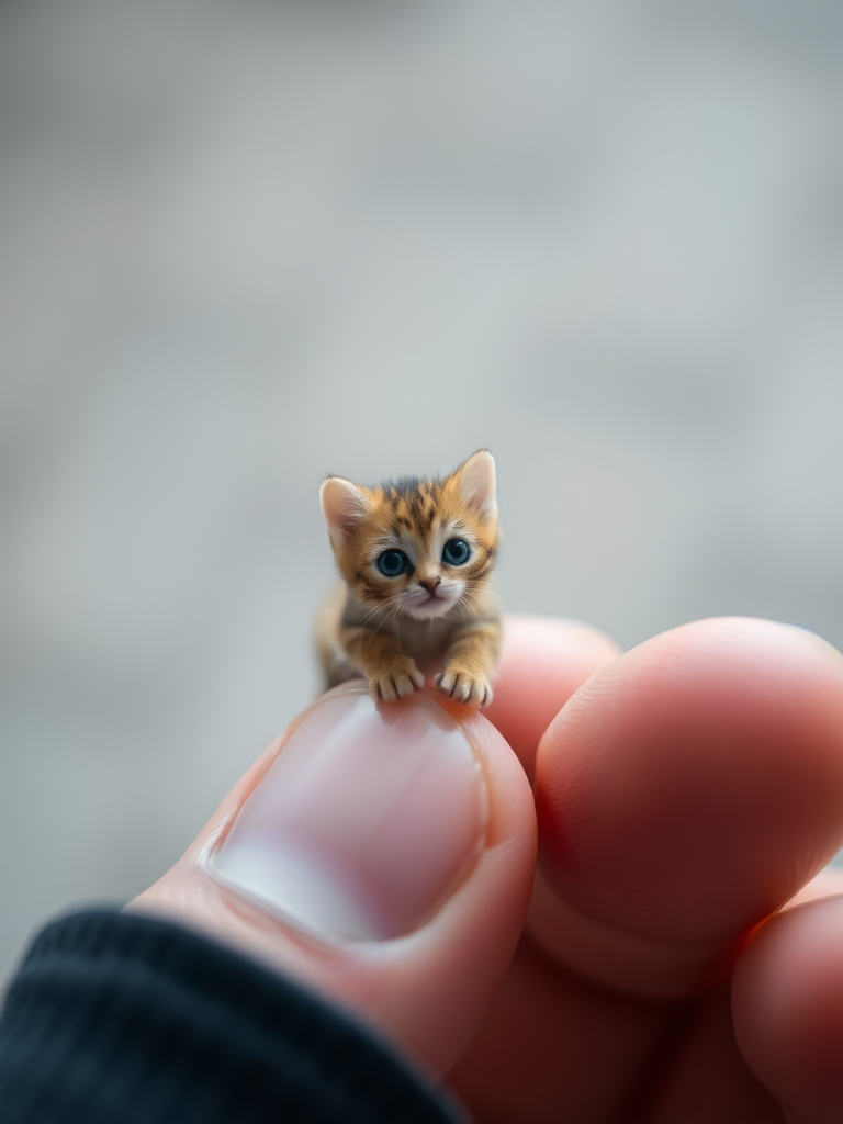 photo a fingers holding an extremely tiny miniature cat, with a steppes background, captured through macro photography, resulting in a shallow depth of field. --ar 16:9 --v 6.1