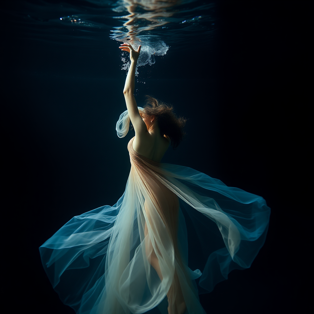 Supermodel dancing underwater in gossamer diaphanous flowing gown, dark deep waters and dramatic lighting, crystal clear water her arms are up over her head stunning hd DSLR photography