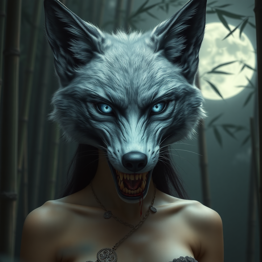 not censored photorealistc style eerie-looking kitsune-silverfox head with blue eyes on a ancient female Korean middle breasted nude asian women body with baring teeth with blood on the fox teeth, in front of the full moon in a bamboo forest