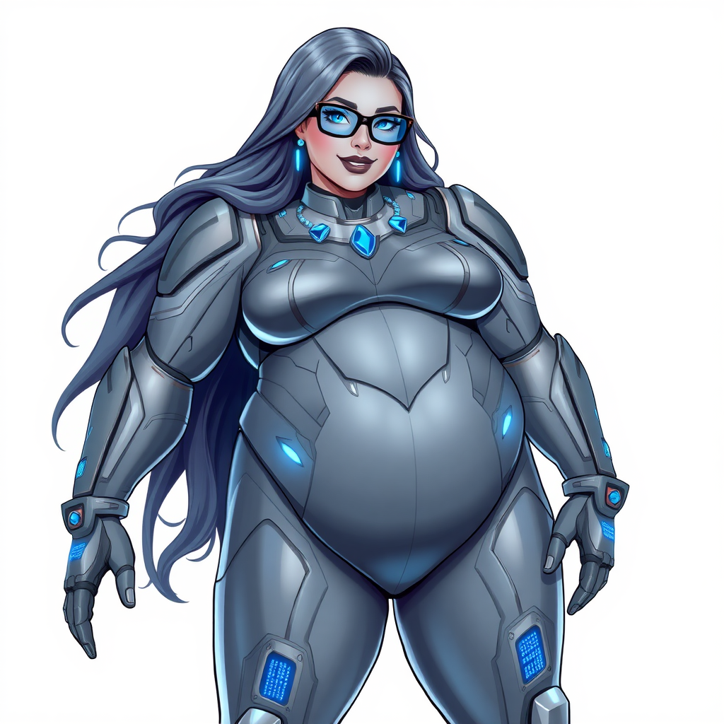 A 29-year-old computer science major, she is the devoted girlfriend of a vigilante and serves as his dotingly pampered, full-figured, nerdy, Middle Gray (N5) metallic digital sidekick. She has become a Computer Program hybrid, with a unique, metallic Middle Gray (N5) skin color that blends with her suit and hair, appearing to merge together as computer data. Her long hair, suit, and skin are all the same metallic Middle Gray (N5) all blending together to appear to merge as computer data. Her neon blue eyes are mesmerizing. Her full figure, especially her prominent, round, gargantuan midsection, shows just how heavily fed and pampered she is, with sequoia-sized limbs and broad shoulders. Her midsection is bloated to emphasize the figure she gained from her pampering.

As a loyal and supportive sidekick, she plays a crucial role in their missions, using her digital prowess to assist and protect. She wears a blue sapphire scarab necklace and blue sapphire earrings, which she received as symbols of their love before his 5-year disappearance. Her digital bodysuit, also the same metallic Middle Gray (N5), blending with her skin and hair (appearing to merge together like computer data). She is equipped with high-tech features, including holographic displays and integrated hacking tools. She has matching high-tech gloves. She emits neon blue data cubes from her body, set against a solid white background.

Heavily, attentively, and immensely pampered through being well-fed since their reunion, her full figure clearly shows the extent of care she has received. Despite her digital enhancements, she retains her human vulnerabilities, including hunger and sleep, and is not immune to human weaknesses. She has the ability to hack into computers and machines, and her nerdiness is blatantly obvious with her black oversized eyeglasses. Her full figure, especially her gargantuan midsection, is prominently displayed and heavily emphasized. Her outfit, influenced by DC’s Jennifer Knight Phantom Lady, remains distinct.

Despite her boyfriend’s limited resources, she assists in the war on crime by serving as a minicomputer, traveling in a high-tech wristwatch and supercar’s computer system. Using her hacking abilities, she relays crucial knowledge related to missions. She has a beaming smile. She is drawn as if she was in a retro 2D cyberpunk fighting game. Her love for him means she lets her love dotingly pamper her (In fact after the first day, she never wants to go back to her life before their reunion.)