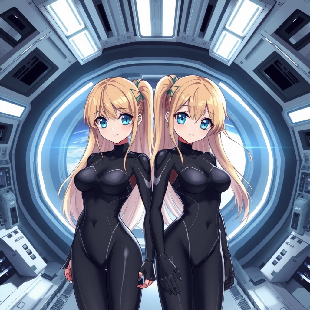 Anime background of white-black spacecraft interior, 2 beautiful like cold blond-haired big blue eyed females, they are wearing one-piece skintight sci-fi black suits.