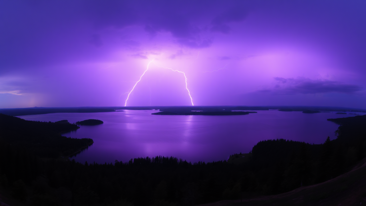 photo, lakes, nature, purple sky, lightning