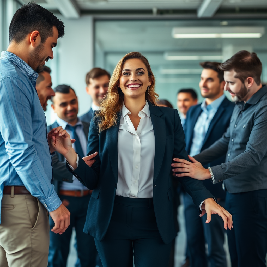 a happy business woman in the office, her many male colleagues are surrounding her, touching her all over her body