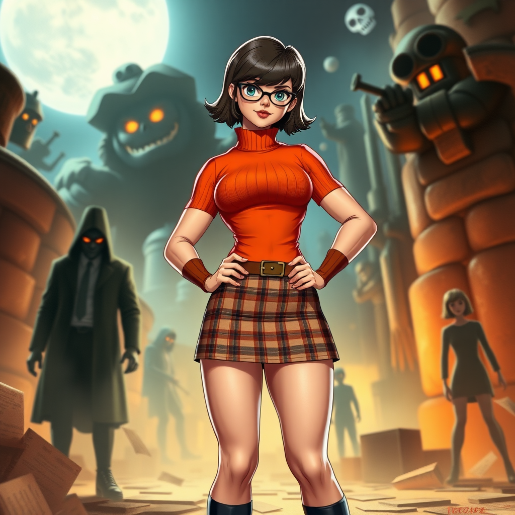 Create a full-length rendered image of a hybrid character inspired by Velma Dinkley, featuring a muscular male superhero body type while keeping the original head and hair intact. Alter the costume to fit the new proportions, incorporating elements like a tight-fitting orange turtleneck, a short plaid skirt adapted for a muscular build, and knee-high socks. The background should reflect the adventurous worlds associated with the character, showcasing a vibrant mystery-setting filled with clues, shadowy figures, or spooky elements, emphasizing an engaging and dynamic atmosphere.