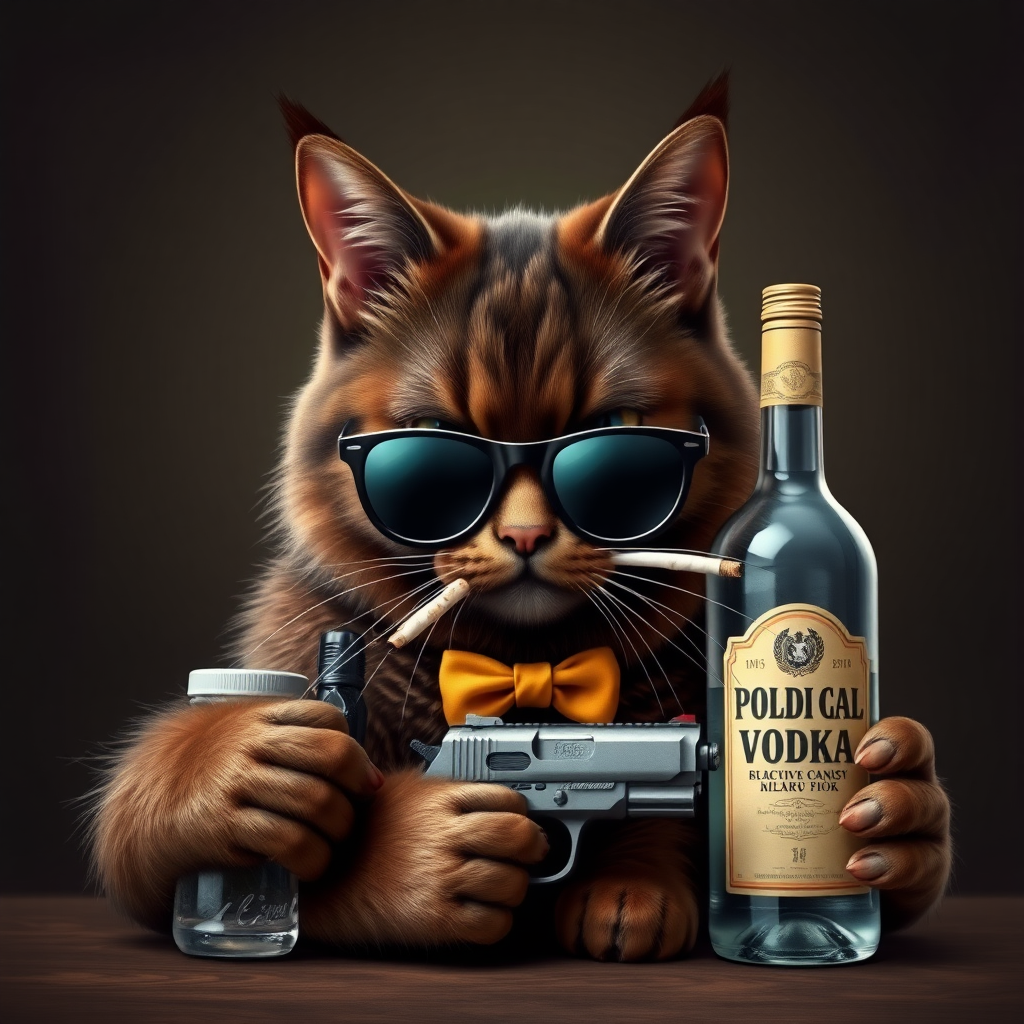 A dark brown cat with a bottle of vodka, a pistol, sunglasses, and a cigarette in its mouth.