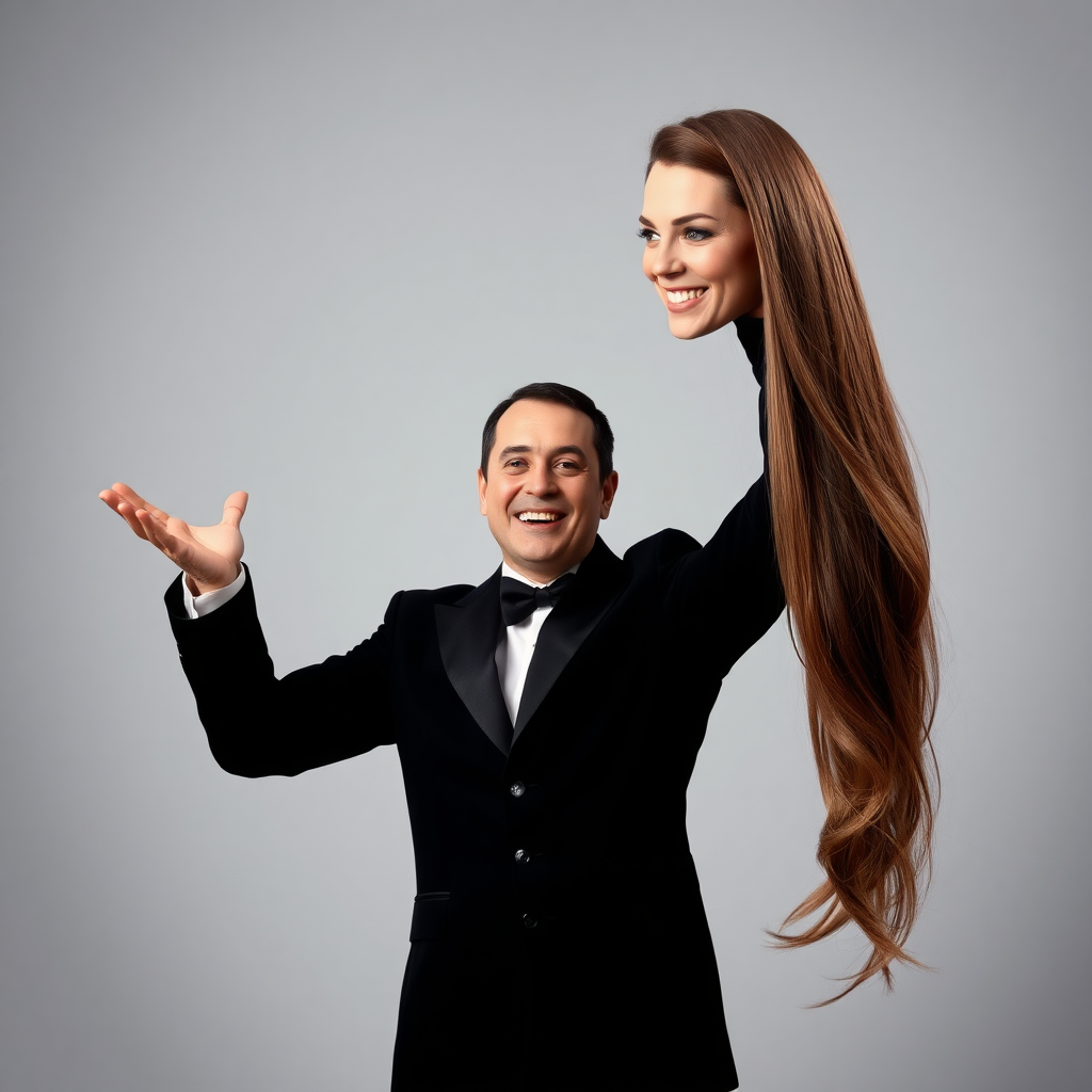 A surreal image of a smiling male magician holding up the disembodied head of a very long haired Kate Middleton. He is grabbing her very long hair and pulling it up high in the air, while her head is hanging by her hair from his grasp to display it to the camera. Plain gray background.