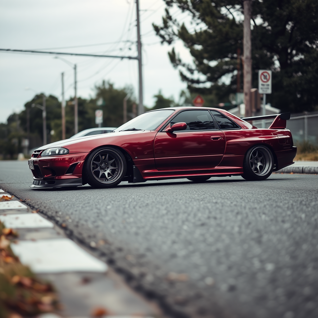 the car is parked on the side of the road, inspired by Taiyō Matsumoto, tumblr, restomod, nd4, c4 metallic shine nissan skyline r34