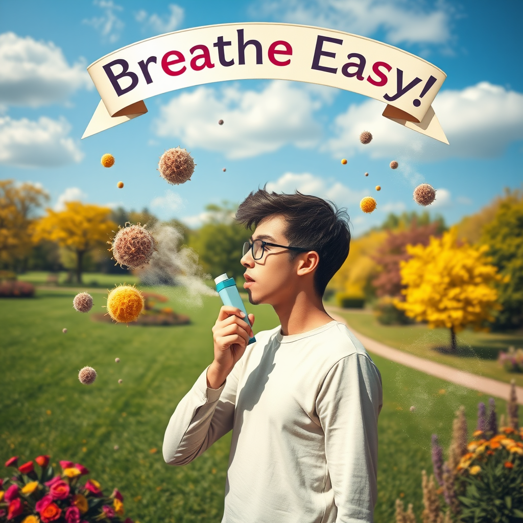 An imaginative scene showing a person in a vibrant park, using an inhaler while surrounded by floating, whimsical clouds of pollen and dust, with a banner overhead reading, "Breathe Easy!"