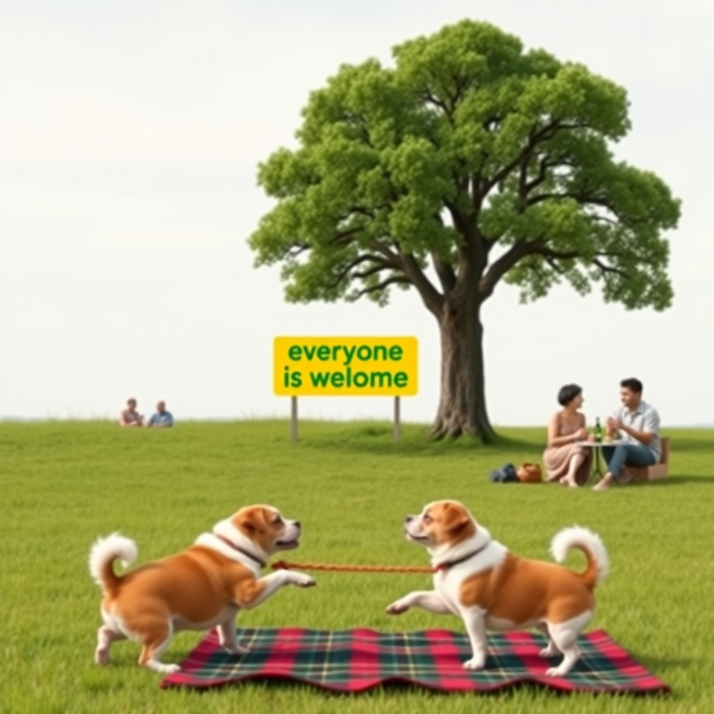 An oak tree standing alone in a grassy field. Two different groups of people are having picnics near it. One group has 3 Caucasians. The other group has 4 Asians. In the middle is a sign that says “everyone is welcome” in green text on a yellow background. Two small dogs are playing tug-of-war in the foreground with a tartan blanket.