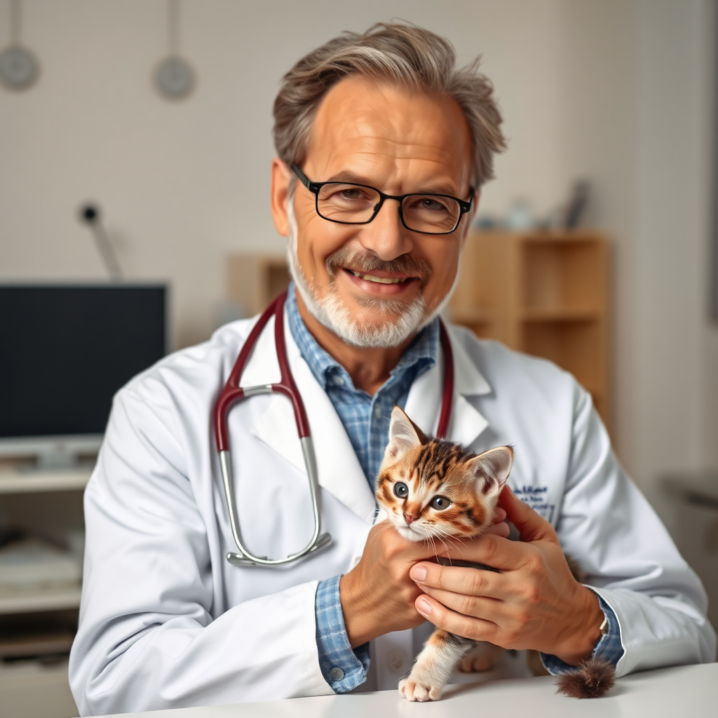 a 57yo swiss doctor, very reliable look,on his studio,nice smile,really professional look,extremely photorealistic image, caressing a cute kitten