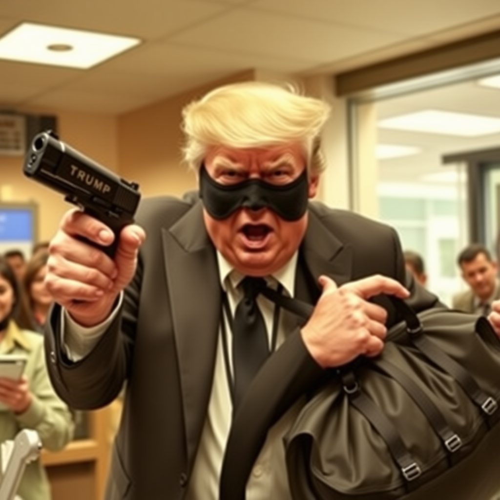 (Donald Trump), wearing a black ski mask and carrying a duffel bag, (robbing a bank) with a pistol in his hand. He has a manic, determined expression on his face as he shouts orders at the terrified bank tellers and customers.