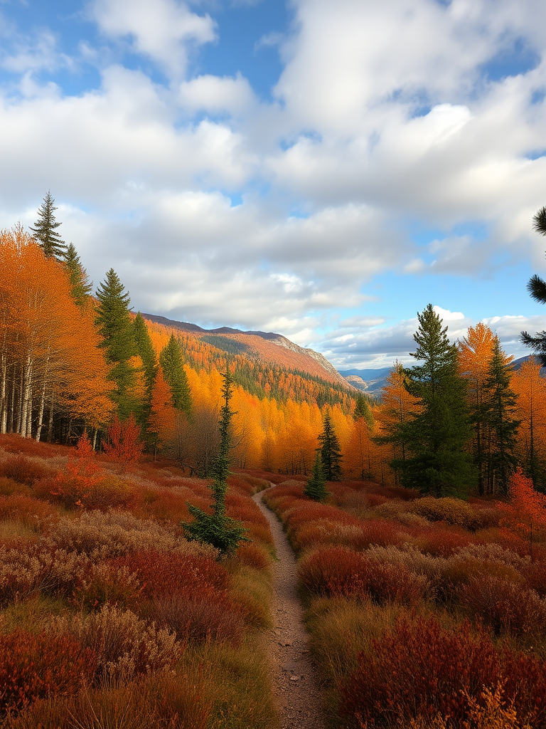 Autumn Forest with alpine vegetation with a path, sky with clouds in high definition