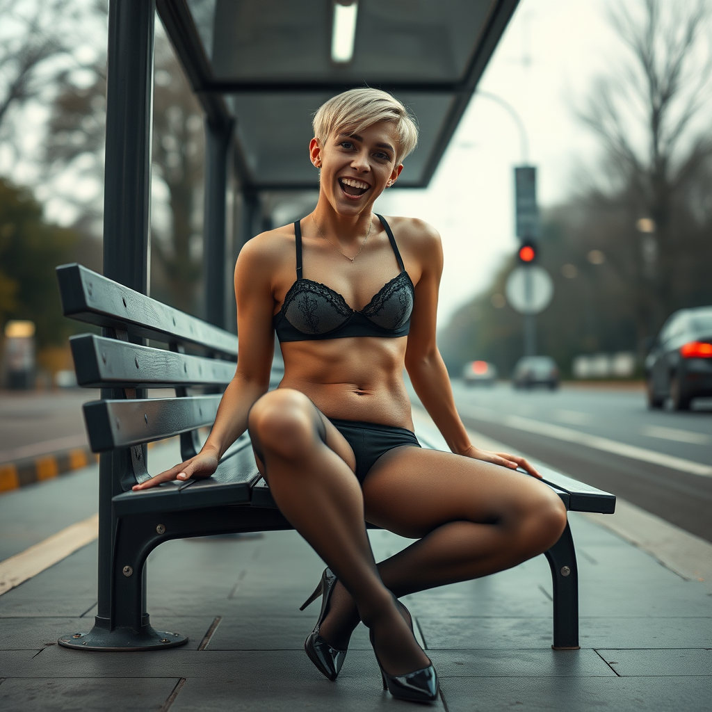 photorealistic, ultra high resolution, 16K, surreal fantasy, soft studio lighting, Swift is a pretty 20 year old male, slim male body, bulging male crotch, short blonde hair, goth makeup, 1950s trainer-bra, sheer black pantyhose, black stiletto shoes, sitting at a bus stop on a bench, excited smile, facing the camera. Negative: grainy, blurry, bad anatomy, extra limbs, watermark.