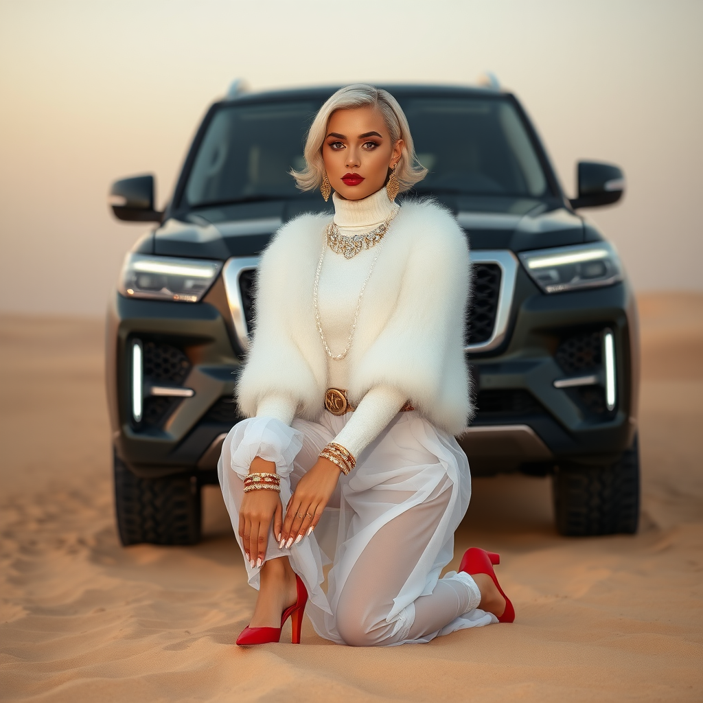 Kuwait desert dunes misty dawn, full size luxury SUV: Melissa, European 17 years old very convincing femboy “trophy-bimbo,” tamed servile docile, very beautiful feminine flawless face, rather short, by hormones very curvaceous womanly figured, platinum blond short tight curls, bold red lips, long white French nails, heavily made-up face, wearing Supertanya-style fluffy very fuzzy bright white angora turtleneck-poncho cropped ending under bust decorated with pearls and glass stones, striking oriental wide gold bridal protection belt, white fully transparent harem pants, bright red pumps with golden very high heels, full Oriental bridal jewelry including headpiece, nose-ring, coin wristlets, coin anklets, striking diamond “Bimbo” letter brooch on left chest, thick heavy pearl wristlets, pearl anklets, pout frustrated, kneeling in sand in front of SUV, looking at camera. Focus on face and turtleneck-poncho.