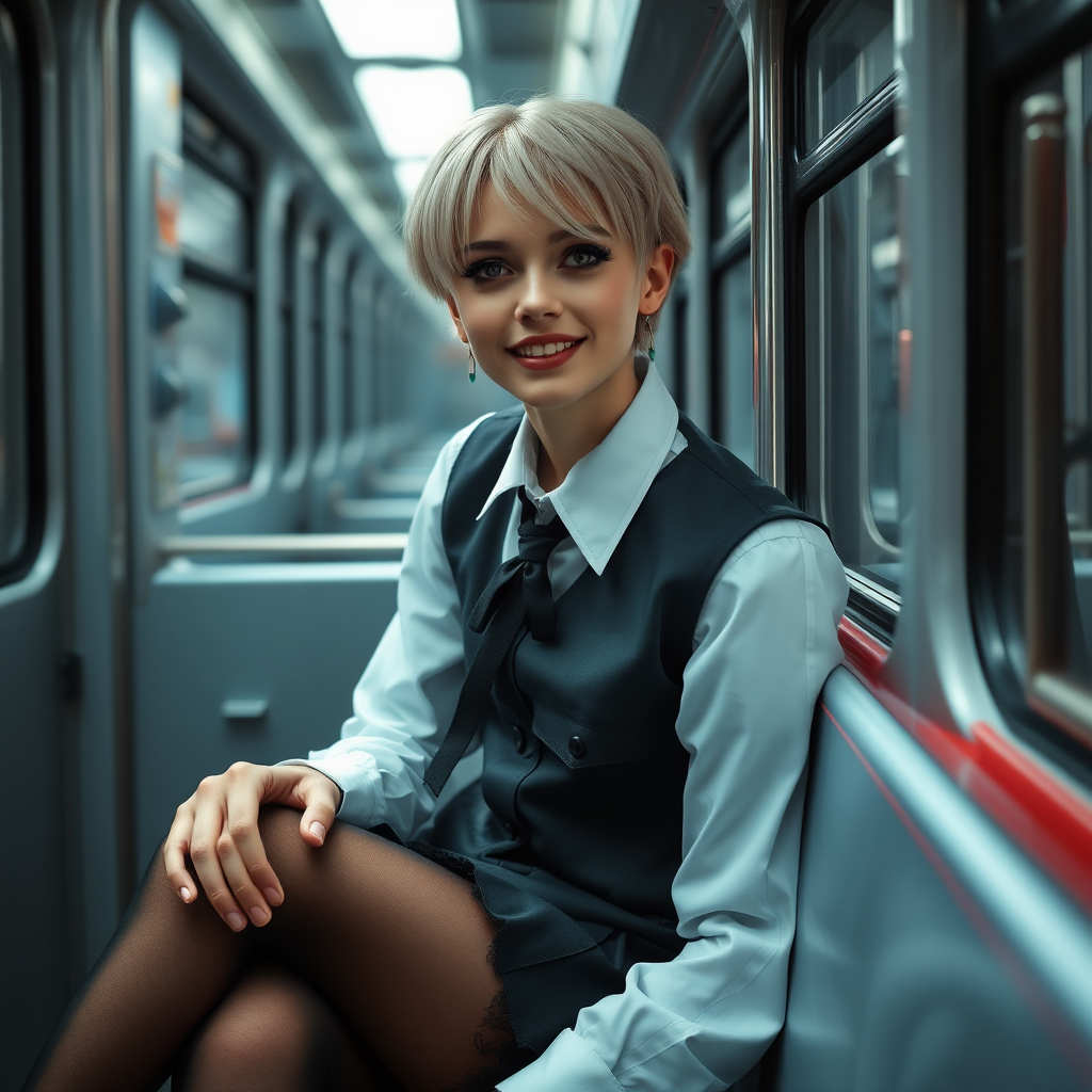 photorealistic, ultra high resolution, 16K, surreal fantasy, soft studio lighting, a pretty 18 year old goth male, slim male physique, short blonde hair, goth makeup, earrings, sheer black pantyhose, UK girls-school uniform, Mary-Jane shoes, sitting in the school bus, excited smile, facing the camera.