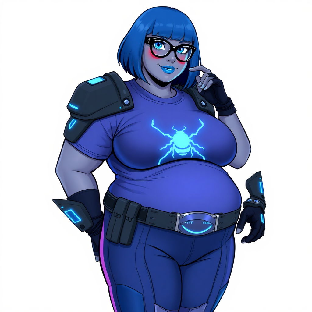 A 28-year-old, full-figured, middle gray skinned computer program hybrid with a maximum blue bob cut. She has a non-athletic build, highlighted by a prominent, round, large midsection (with heavy emphasis on her large belly). As the full-figured digital sidekick to her cyberpunk vigilante boyfriend, her middle gray metallic skin and maximum blue lipstick emphasize her digital nature. She wears a digital, computerized costume inspired by DC’s Carrie Kelly Robin, consisting of a huge, tight-fitting, maximum blue t-shirt with a neon blue glowing chest icon of a beetle, hi-tech shoulder pads with neon blue accents, a black hi-tech belt with a digital neon blue glowing buckle, digital maximum blue pants with neon blue accents, and black hi-tech fingerless biker gloves with neon blue glowing accents. Her neon blue glowing eyes, black eyeglasses with a neon blue glowing HUD built into the lenses, and shy smile with neon red blush accentuate her nerdiness. She stands bashfully with one hand behind her back and the other hand gently touching her cheek, her costume covering all her skin and emphasizing her full-figured physique (especially her belly). She is clearly non-athletic, with a heavy focus on her large belly. Despite her build, she radiates beauty. She has a slim face compared to her physique, accentuating her radiant beauty. She is on a solid white background. She is drawn as if she were in a retro 2D cyberpunk fighting game.