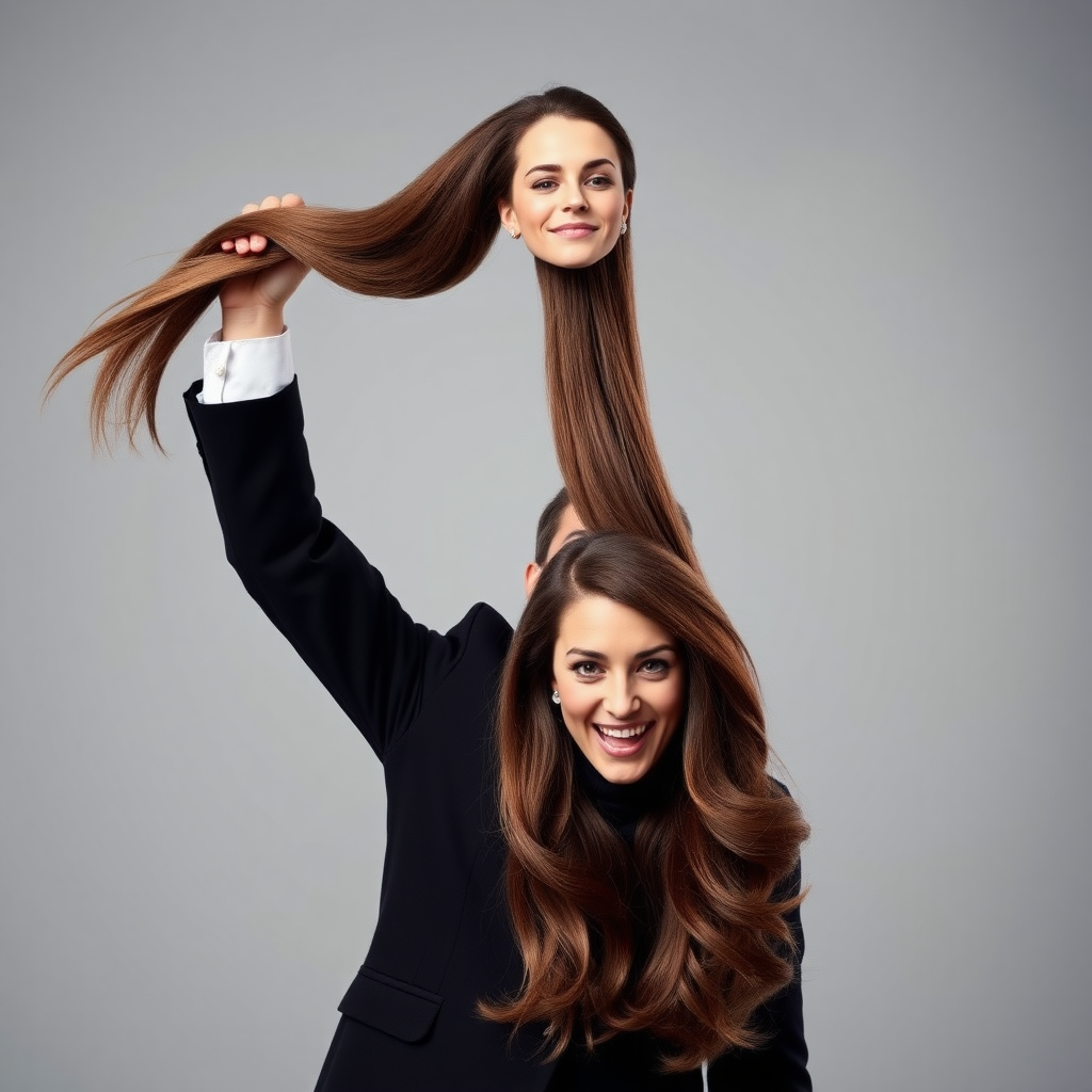 A surreal image of a magician holding up the disembodied head of a very long haired Kate Middleton. He is grabbing her very long hair and pulling it up high in the air, while her head is hanging by her hair from his grasp to display it to the camera. Plain gray background.