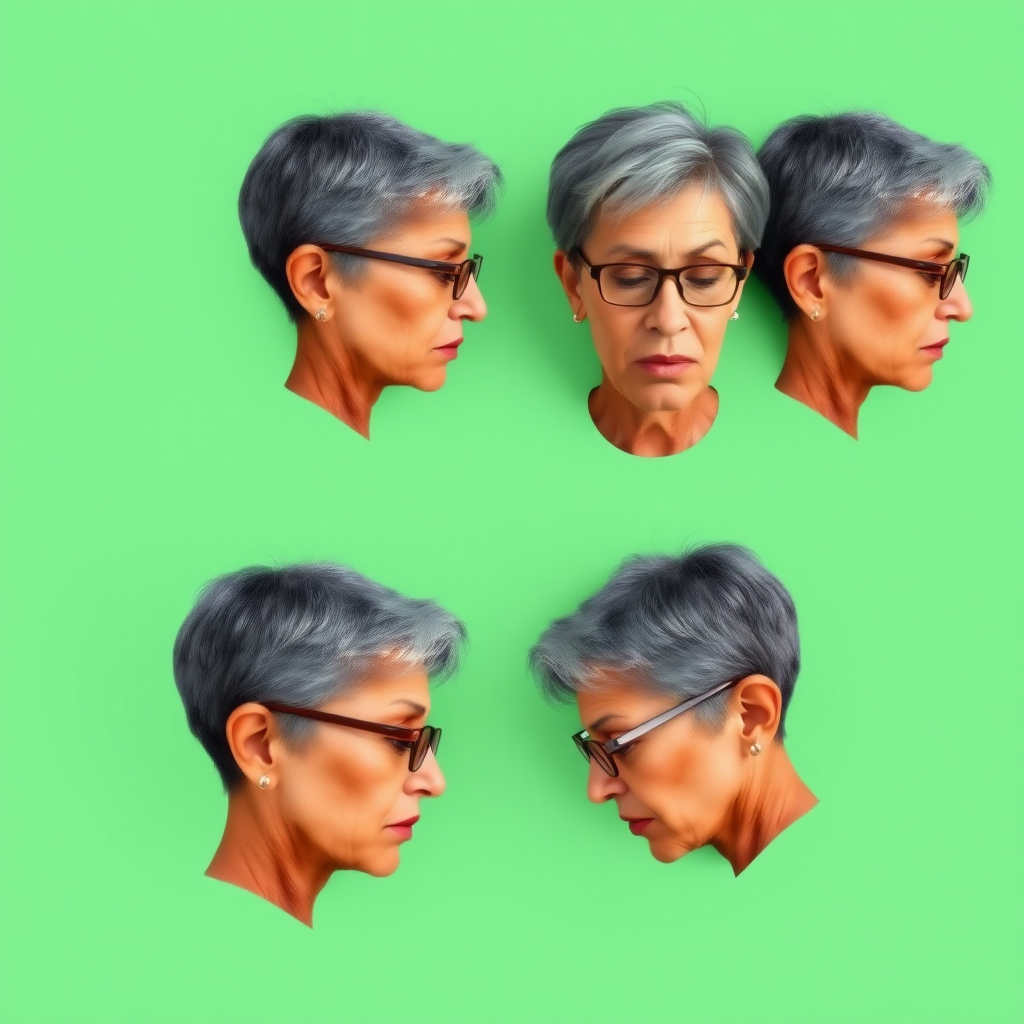 Photorealistic image of six headshots of a 50 Years old, fit, European, Latina, sharp aquiline nose, wrinkles, high cheekbones, Middle Eastern, Skinny, Tanned skin, Dark light skin, full Makeup, jewelry, Sharp nose, exaggerated expression, embarrassed, ashamed, looking down, mouth open, dark grey Ash hair, short bowl haircut, Brown eye color, Glasses, with detailed features. Each photo displays the same face in back, profile and front view, cut out and isolated on a green background. All six heads are visible side by side, empty space around each view, no overlapping.