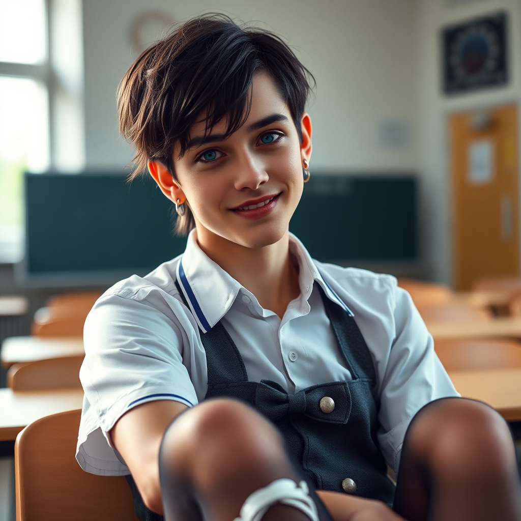 photorealistic, ultra high resolution, 16K, surreal fantasy, soft studio lighting, a pretty 16 year old goth male, slim male physique, short dark hair, blue eyes, goth makeup, earrings, sheer pantyhose, UK girls-school uniform, Mary-Jane shoes, sitting in the classroom, excited smile, facing the camera.