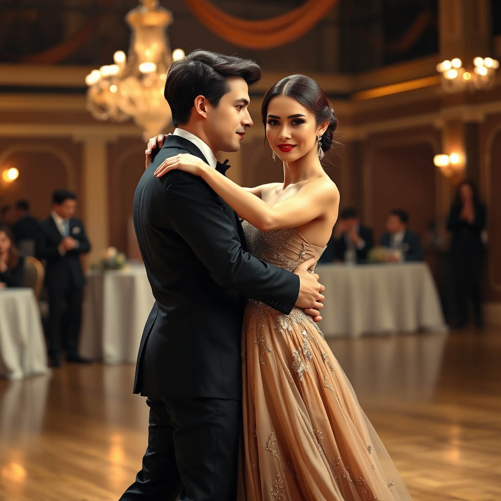 a young woman and a young man who are dancing together. she is wearing a long dress. makeup style. ballroom in background. view from far. photorealistic