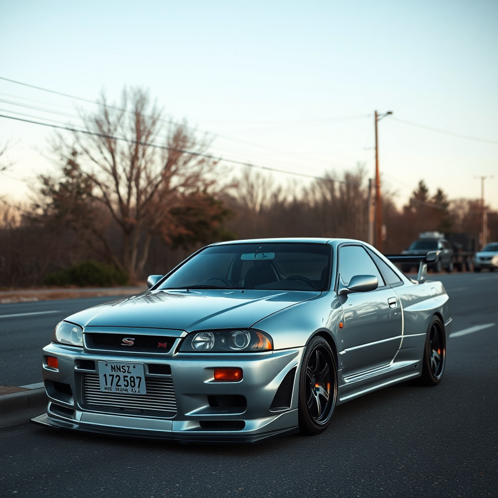 the car is parked on the side of the road, inspired by Taiyō Matsumoto, tumblr, restomod, nd4, c4 metallic shine nissan skyline r34