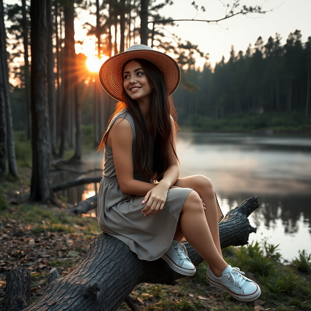 a young woman sitting on a strunk next to a lake in a forrest. long brunette hair. she is wearing a dress, sneakers and a wide straw hat. looking to the side, enjoying the sight with a smile. the sinking sun is falling through the trees. a little fog is rising from the lake. light like in fairy tale, a bit mystic. photo