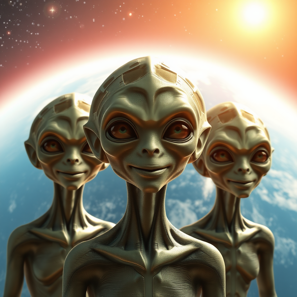 Arcturian aliens are smiling to Planet Earth from their spaceships.