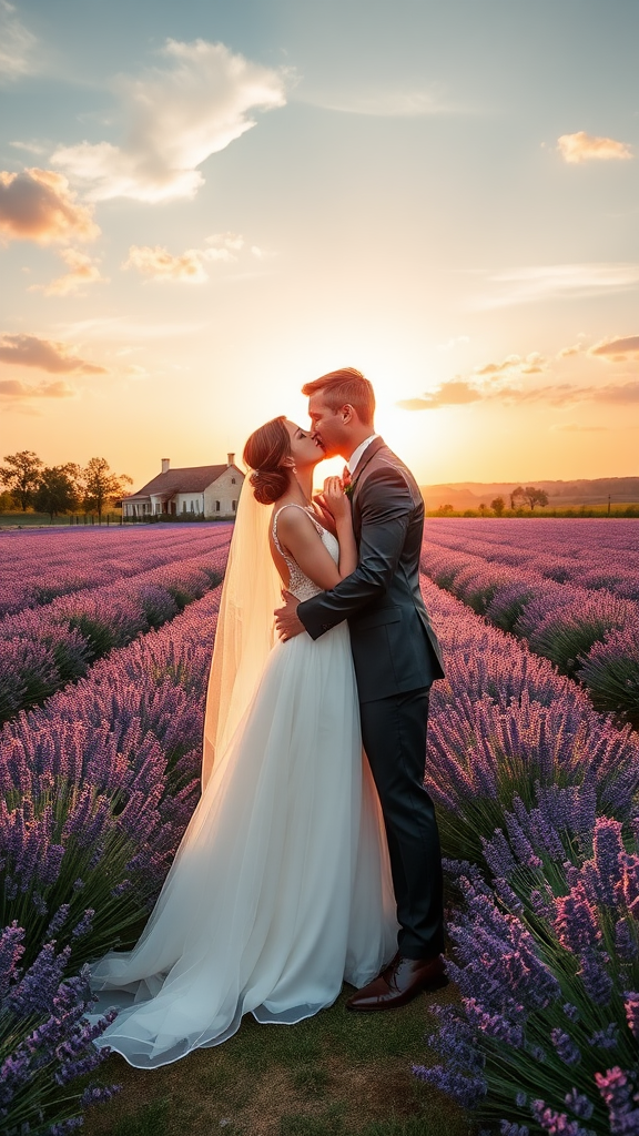 Bride and groom dressed elegantly, she in high heels and he in patent leather shoes, he kisses the bride, in the background a large lavender field, behind it a farmhouse, sunset sky with sun and clouds.