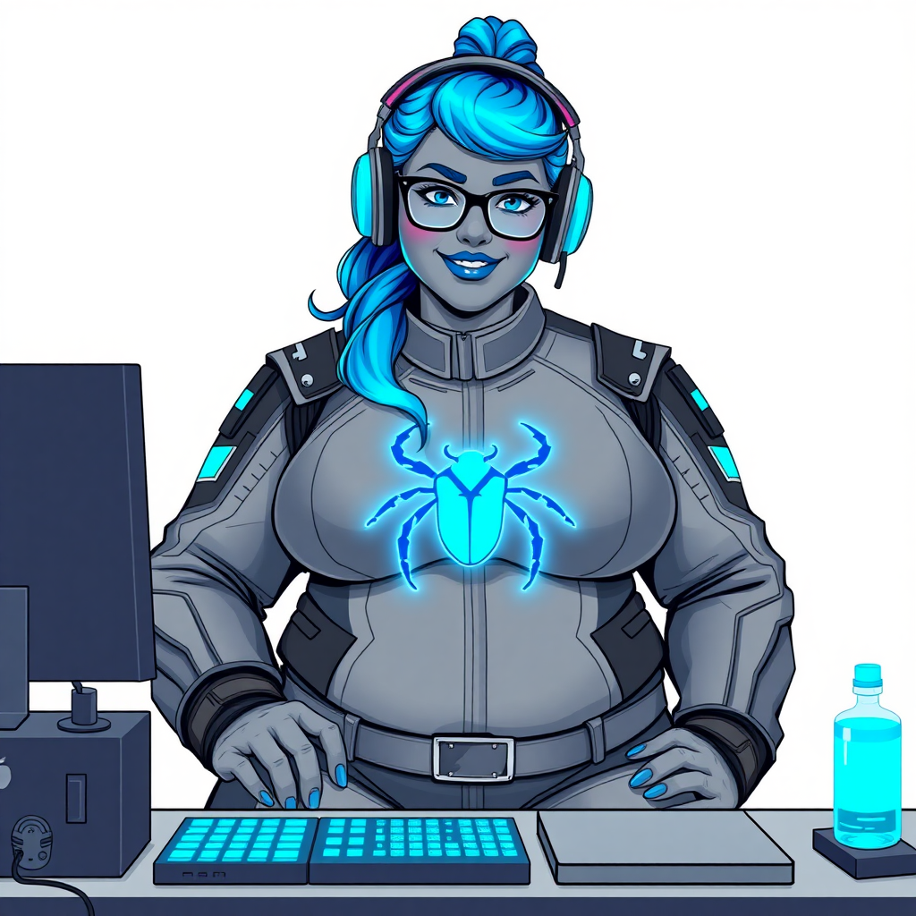 A nerdy, full figured middle gray skinned 29-year-old computer program hybrid with a long, maximum blue ponytail. She wears maximum blue lipstick and has bright blue eyes. Her outfit includes a digital, computerized, middle gray biker suit featuring a neon blue glowing beetle chest icon. She sports a sapphire headset and black eyeglasses, with a lovestruck smile and neon red blush. Her full figure reflects the doting care of her vigilante boyfriend. As his tech expert, she works diligently at her lab table in their hideout. The background is solid white. She has a prominent, gargantuan, round midsection, titanic limbs, and broad shoulders. Her neon glowing blue skin highlights her digital nature. She is drawn as if she was in a retro 2D cyberpunk fighting game.