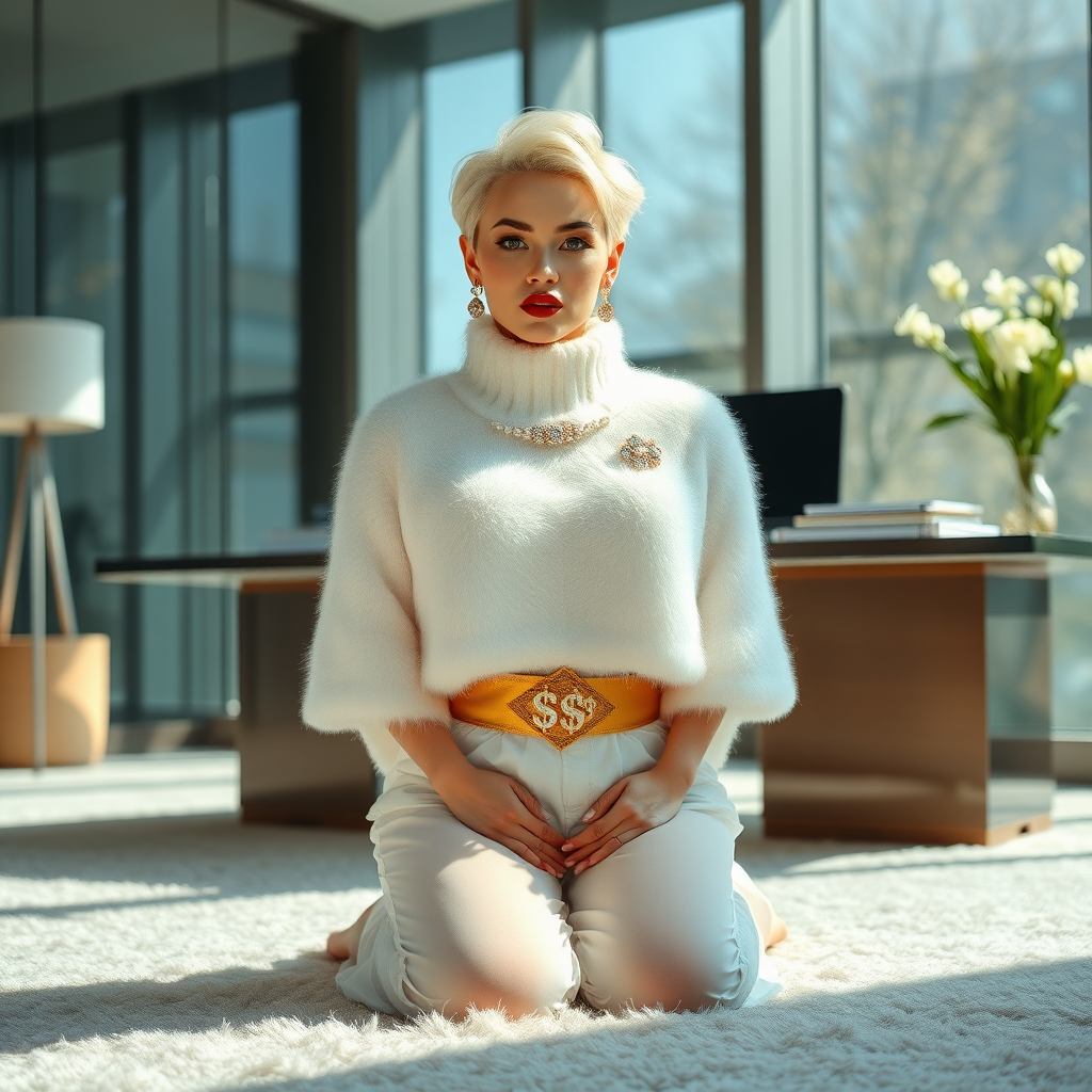 Sunny spring morning, modern glass-steel-concrete office, kneeling on fluffy carpet in front of CEO’s desk: Kimberly, 19 years old very convincing femboy “trophy-bimbo”, tamed servile docile, very beautiful feminine flawless face, rather short, by hormones very curvaceous womanly figured, platinum blond short tight curls, bold red lips, heavily made-up face, wearing Supertanya-style fluffy very fuzzy bright white angora turtleneck-poncho cropped ending under bust decorated with pearls and glass stones, striking oriental wide gold bridal protection belt, white fully transparent harem pants, large pearl earrings, striking diamond “$$$” letter brooch on left chest, pout frustrated, hands tied behind back, looking at camera. Focus on face and turtleneck-poncho.