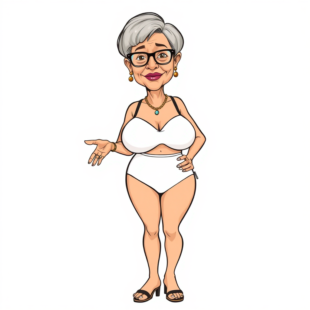 a towering 55 Years old, fit, slim, European, Latina, sharp aquiline nose, wrinkles, high cheekbones, Middle Eastern, Skinny, Tanned skin, Dark light skin, Rounded Medium breasts, Skinny thighs, full Makeup, jewelry, Serious face, Sharp nose, Ash hair, short bowl haircut, Brown eye color, Glasses, with detailed features. she is wearing black balconette bras and a white open front high cut one piece slingshot swimsuit, detailed fabric.  full body, high heels sandals, she is gesturing at the viewer, 
long establishing shot, 2D, caricature, cartoon, Sketch lines, coloring book, black and white, coloring book style on white background, well composed, clean coloring book page, No dither, no gradient, strong outline, No fill, No solids, vector illustration, realistic proportions