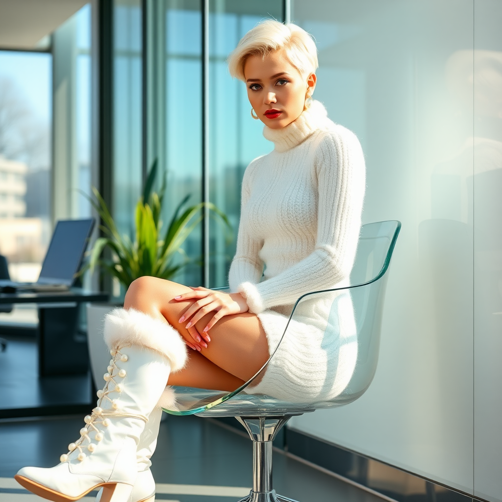 Sunny spring morning, modern glass-steel-concrete office, sitting on glass chair at wall, waiting for the master: Ana, European 17 years old very convincing femboy “trophy-bimbo”, tamed servile docile, very beautiful feminine flawless face, rather short boyish figure, platinum blond short tight curls, bold red lips, heavily made-up face, long French nails, wearing Supertanya-style chunky fluffy very fuzzy bright white plushy mohair figure-hugging turtleneck-knitdress with white pearl decoration, white vinyl thigh-high boots with golden heels white furry trimming, pearl earrings, serious, leaning forward presenting her assets, arrogantly looking at camera.