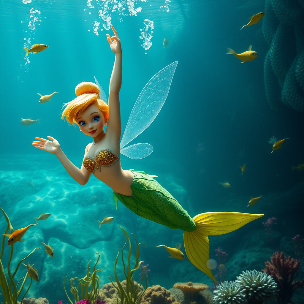 Adult Tinkerbell as a mermaid she's floating underwater surrounded by sea creatures and plant life. Her graceful arms float above her head. In the photographic style of Richard Fegley on DSLR