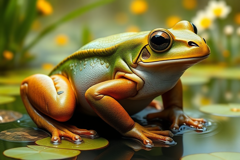 Create a full-length photorealistic image of a frog that incorporates the musculature and silhouette of a horsefly while retaining its head intact, showcasing its facial features. The frog's skin should display a vibrant, glossy texture, while the body showcases a mix of frog skin and horsefly fur. In the background, blend elements inspired by both the natural habitat of frogs, like a lush pond, and the environment typical for horseflies, such as sunlit meadows. The scene should unify these two diverse ecosystems, creating a harmonious yet intriguing setting.