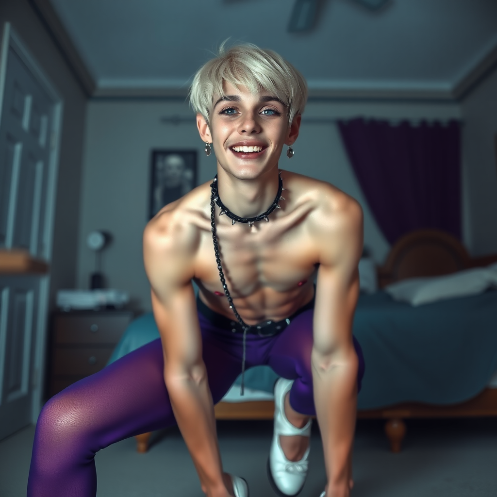 photorealistic, ultra high resolution, 16K, surreal fantasy, studio lighting, a pretty 14 year old goth male, slim male physique, short blonde hair, goth makeup, earrings, glossy purple pantyhose, white ballet shoes, spikey neck collar and leash, in the bedroom, excited smile, facing the camera.