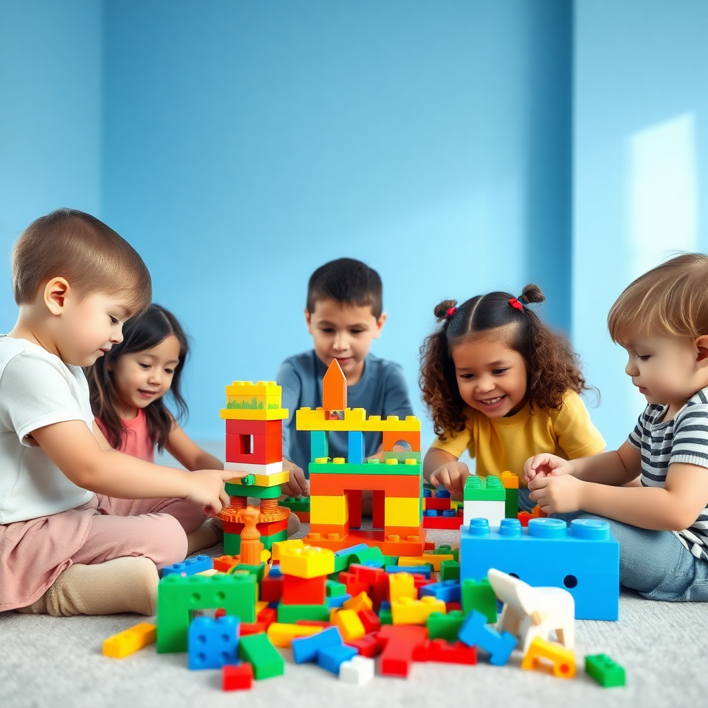 A group of 5 children playing with toy building blocks, all from different continents, aged 10, and the room in which they are playing should have blue-colored walls.