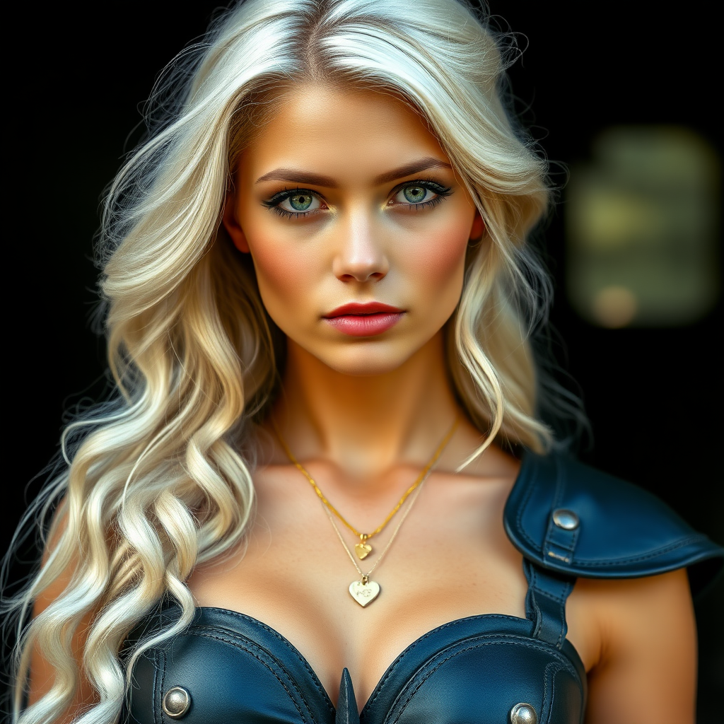 Portrait of a beautiful young woman with long wavy platinum blonde hair, green eyes, a suntan, large breasts, and light brown eyebrows. She is wearing black leather armor and a gold necklace with a small heart pendant. Her face and body are facing the camera and light is coming from behind the camera.