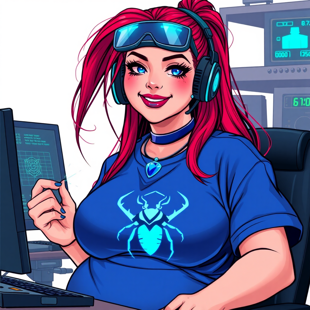 A cyberpunk vigilante’s full-figured intelligent and tech-savvy 29-year-old girlfriend, who is a computer hacker and tech genius. She has a long ruby red ponytail and bright blue eyes. She wears maximum blue lipstick, a sapphire beetle gemstone necklace, sapphire earrings, and an oversized maximum blue t-shirt featuring a neon blue glowing icon of a beetle on its chest. She has a full-figured physique with a prominent, gargantuan, round midsection, reflecting her well-cared-for lifestyle. She sports a sapphire headset with hi-tech maximum turquoise lensed HUD eyeglasses, and a beaming smile with a passionate bright red blush. Despite her figure and a lack of self-esteem, she radiates beauty. She has a slim face which contributes to her radiant beauty. She serves as his tech expert from his hideout, diligently working at her lab table and computer desk. The background is solid white. She is drawn as if she was in a retro 2D cyberpunk fighting game.