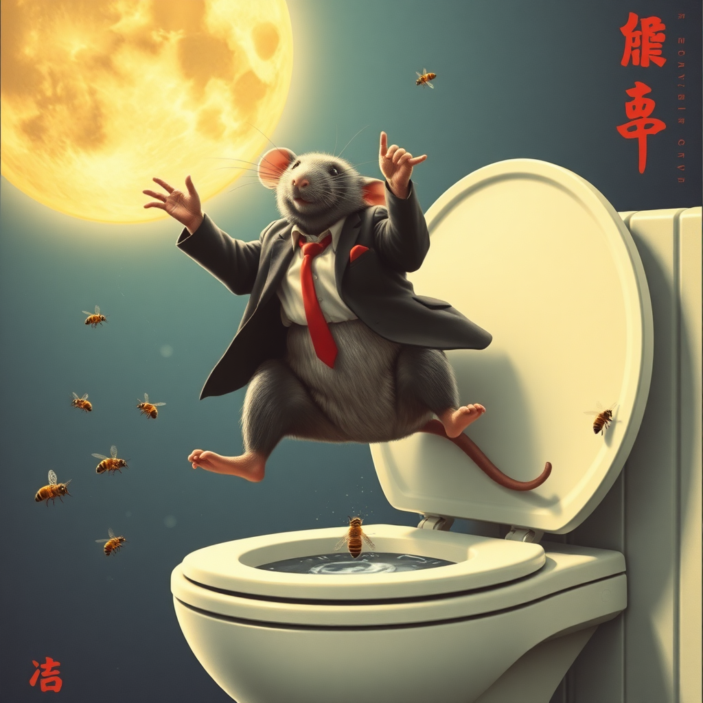 A rat politician diving off the moon into a toilet, bees, Mongolian, 90s musical movie poster, no text