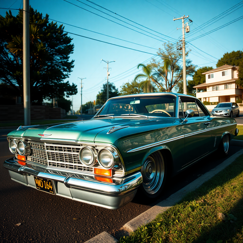 The car is parked on the side of the road, inspired by Taiyō Matsumoto, tumblr, restomod, nd4, c4 metallic shine classic american low rider car.