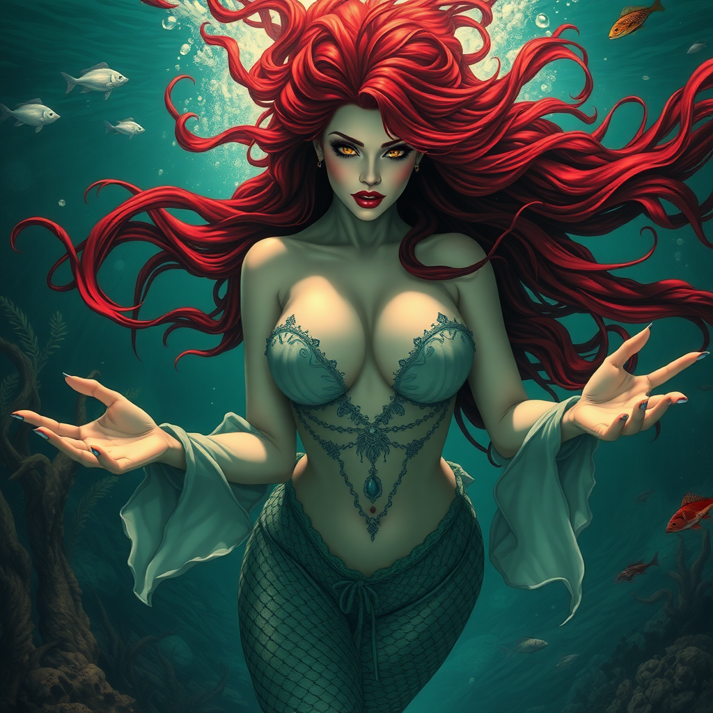 Vampirella as a mermaid underwater amazing loose flowing hair floating in a nimbus around her beautiful face her arms outstretched towards the viewer and she's looking down into the viewer's eyes making intense eye contact. loose fitting diaphanous. Burlesque. Stunning undersea life details plants and fish and other creatures of the sea.