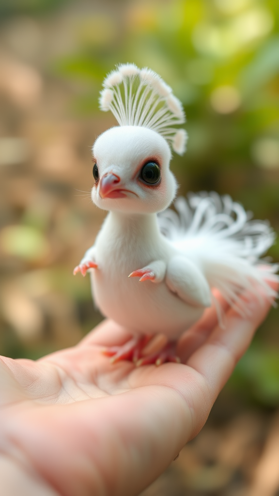 A small tiny cute chubby big eyes big perfect tail real white dancing peacock with tail on hand.