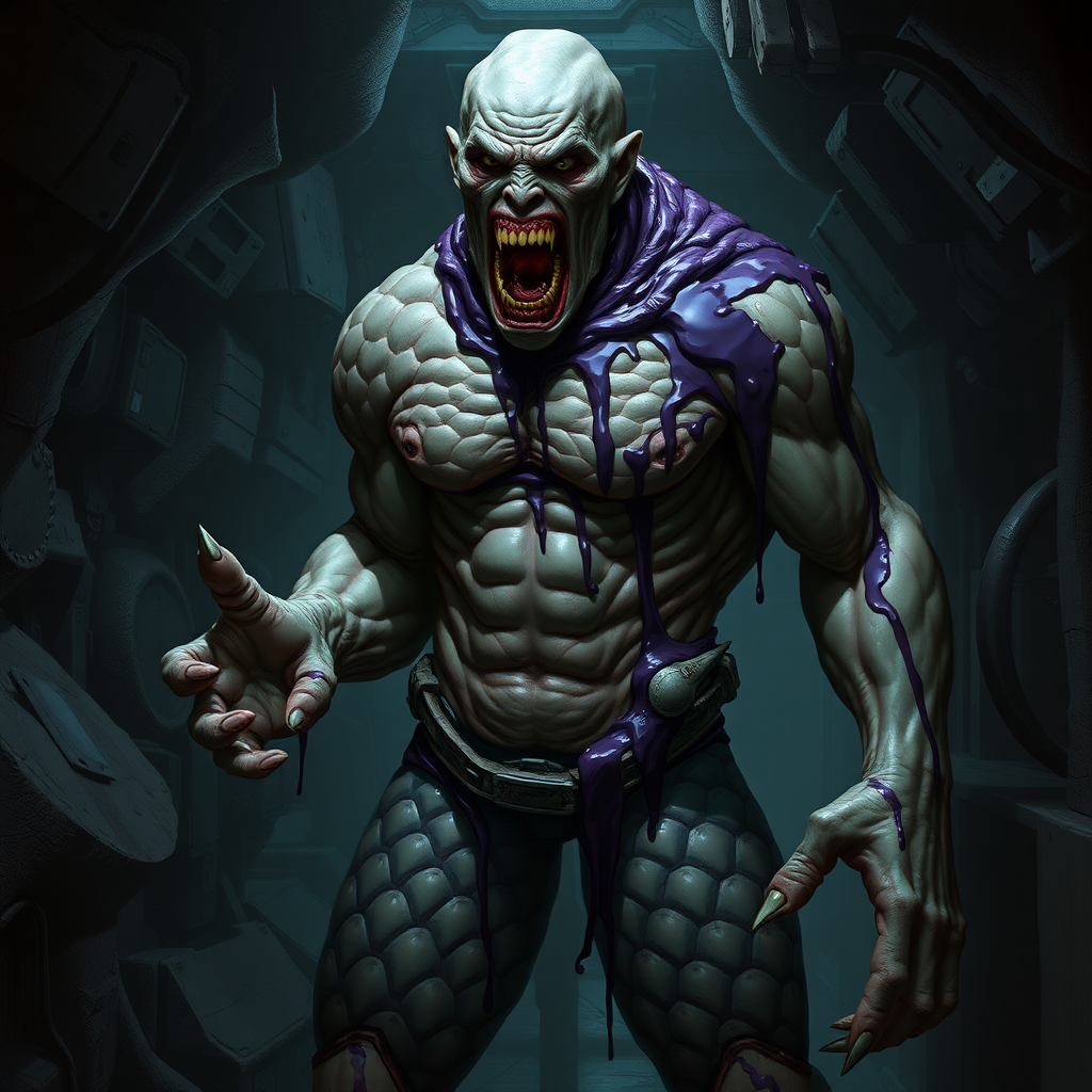 Sci-fi digital horror painting. Heavily mutated crew member, skin covered with sturdy scales, his body and limbs elongated and twisted while muscles ever tensing. Aggressive violent snarl on face. One hand has long sharp claws while the other looks relatively normal. Dark purple goo oozing all over him. Dark rocky industrial corridor.