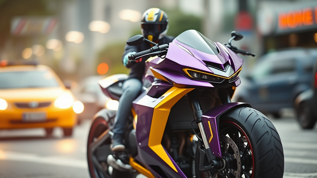 A telephoto shot of a futuristic custom motorcycle with an angular design and a purple and yellow color scheme. The motorcycle is parked in the city traffic. There is a driver wearing a helmet sitting on the motorcycle. The background is blurred due to the bokeh effect.