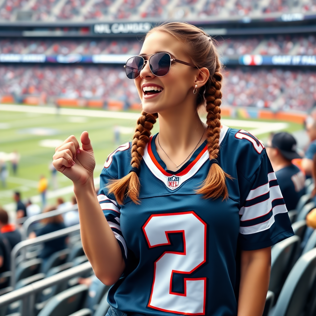 Extremely attractive female NFL fan, pigtail hair, cheering, large chest, jersey, at NFL stadium bleachers