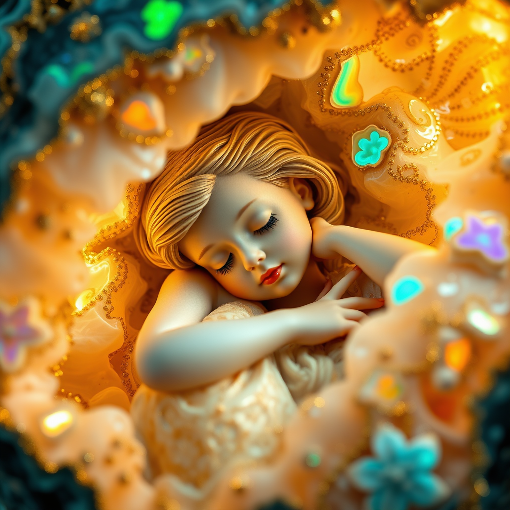 preteen girl statue sleeping in a geode, porcelain doll, artists doll, mandelbulb fractal, ultra-detailed, dynamic composition, artistic photograph, fractal, brilliant colors, glittering, illumination, transparency, translucent, opal, turquoise, gold, romanticism, sharp focus, pottery, floral, mother of pearl, iridescent, reflective, glossy